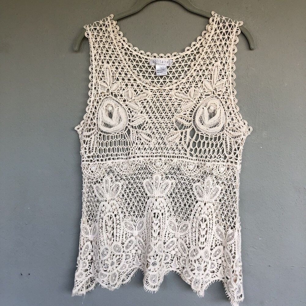 Solitaire Crochet Tank Top S Cream Open Knit Boho Festival Cottage Granola